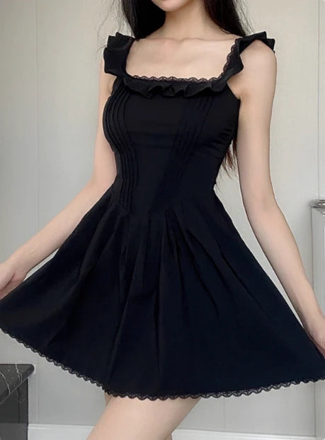 Luolandi Chic A-Line Square Neck Sleeveless Ruffled Black Short Homecoming Dress for Women