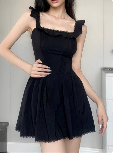 Luolandi Chic A-Line Square Neck Sleeveless Ruffled Black Short Homecoming Dress for Women
