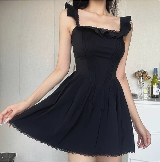Luolandi Chic A-Line Square Neck Sleeveless Ruffled Black Short Homecoming Dress for Women