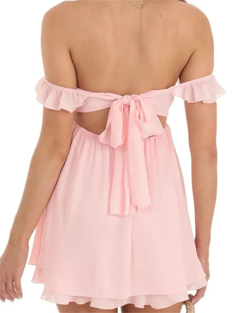 Luolandi Cute A-Line Sweetheart Off-Shoulder Ruffled Backless Short Homecoming Dress Girls Summer Party Dress