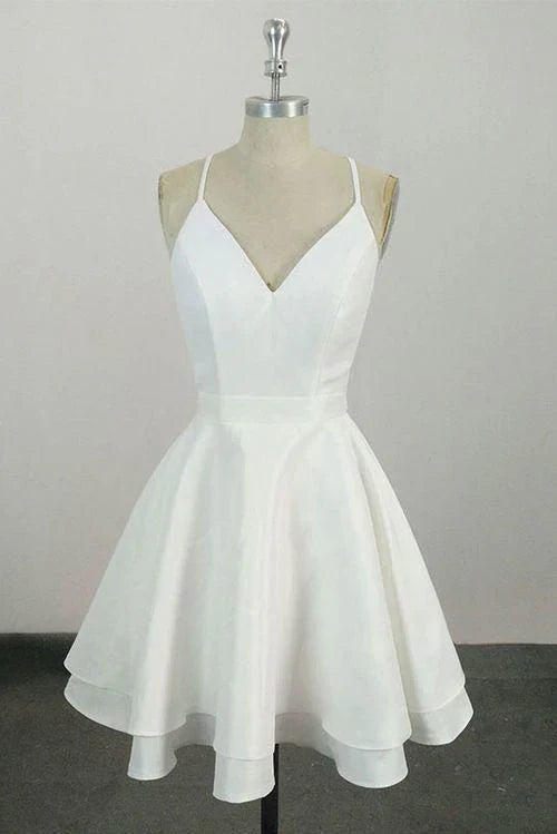 Luolandi Elegant A-Line V-Neck Spaghetti Straps Sleeveless Lace Back Short Prom Homecoming Dress