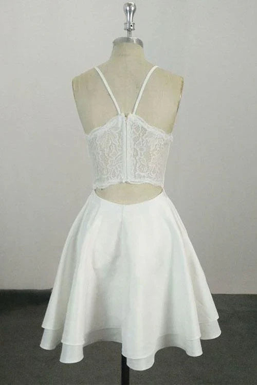 Luolandi Elegant A-Line V-Neck Spaghetti Straps Sleeveless Lace Back Short Prom Homecoming Dress