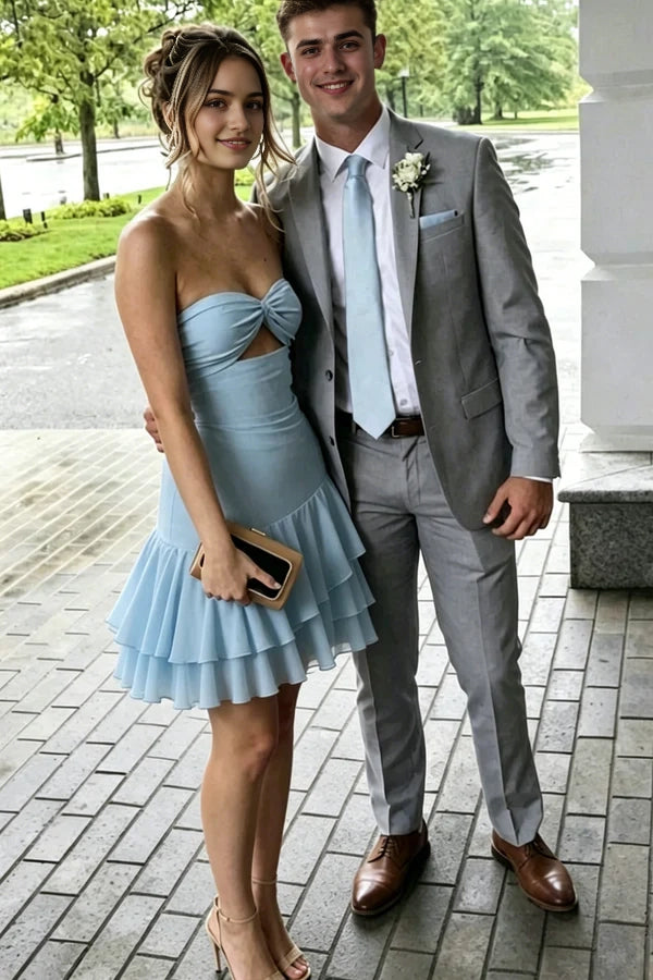 Luolandi Sweet A-Line Strapless Sleeveless Ruffled Pleated Light Blue Short Cocktail Homecoming Dress