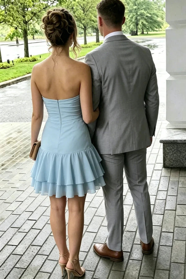 Luolandi Sweet A-Line Strapless Sleeveless Ruffled Pleated Light Blue Short Cocktail Homecoming Dress