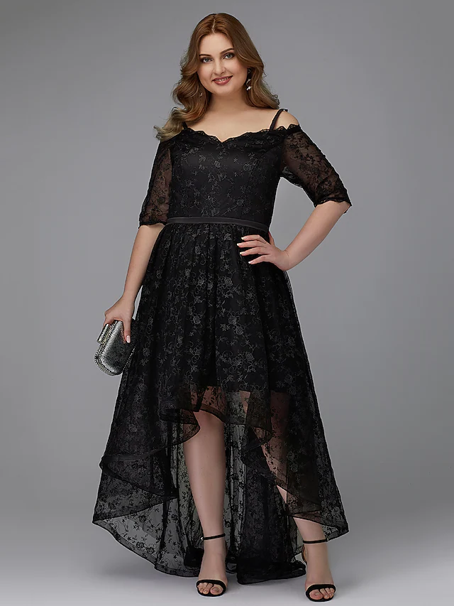 Luolandi A-Line Plus Size Cocktail Party Prom Dress Spaghetti Strap Half Sleeve Asymmetrical Lace with Pleats Lace