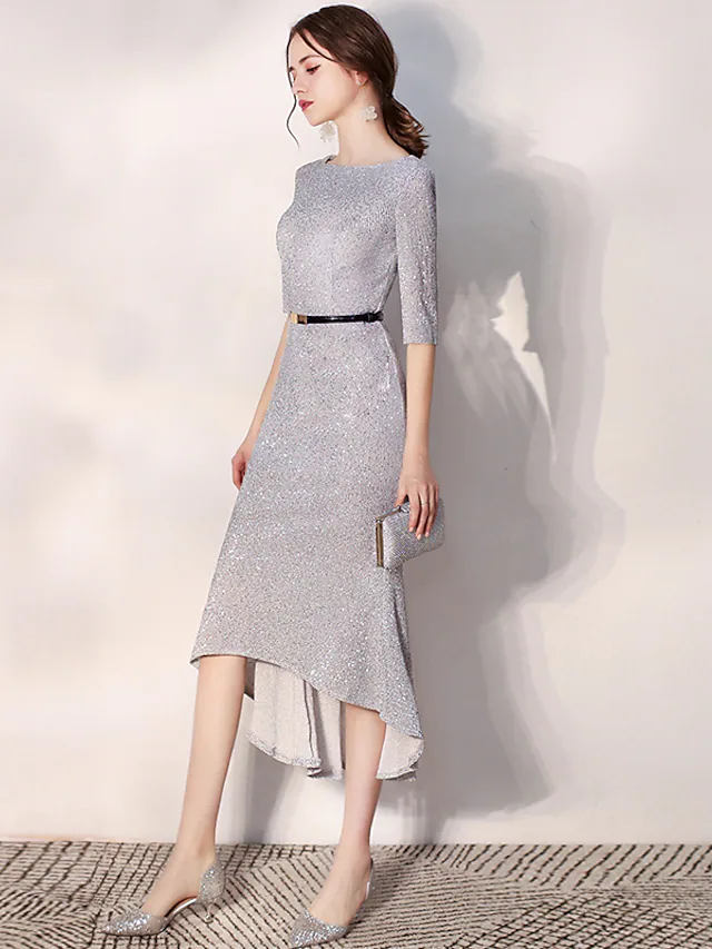 Luolandi Glittering Elegant Homecoming Cocktail Party Dress Jewel Neck Long Sleeve Tea Length Sequined with Sash Ribbon Sequin