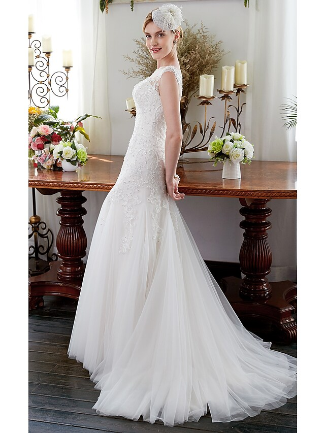 Luolandi Wedding Dresses Illusion Neck Court Train Tulle Sleeveless Sparkle & Shine with Beading