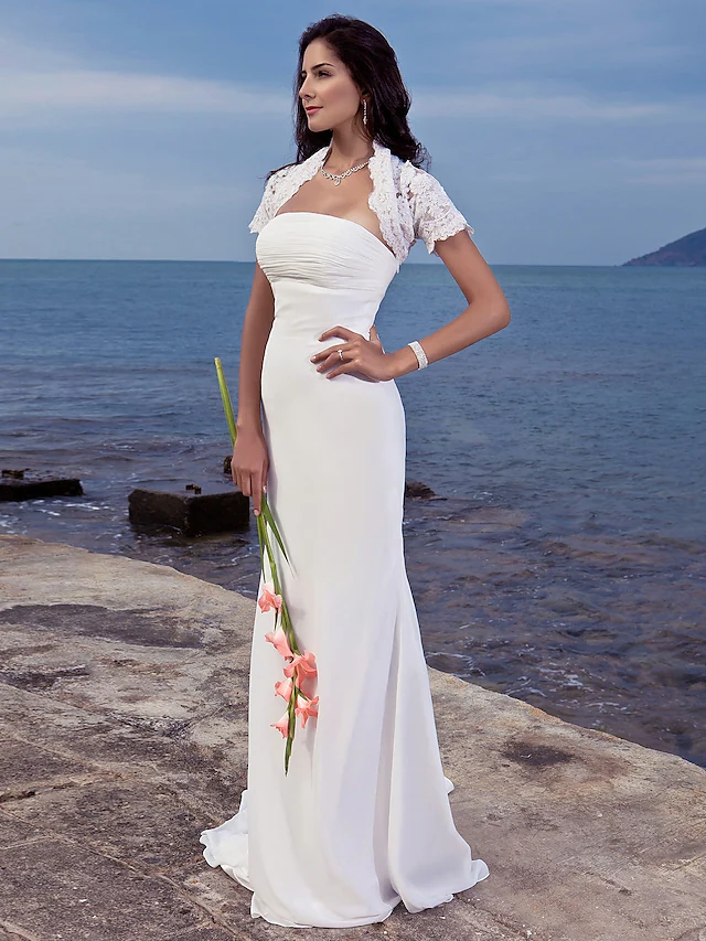 Luolandi Long Wedding Dresses Strapless Chiffon Short Sleeve Vintage Separate Bodies