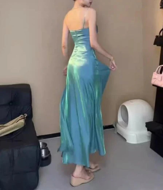 Luolandi Spaghetti Straps Blue Sheath Long Prom Dresses Charming Evening Party Dress