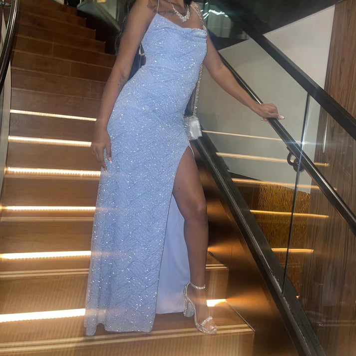 Luolandi Blue Sheath Evening Party Dress with High Slit Long Prom Dress Formal Dress