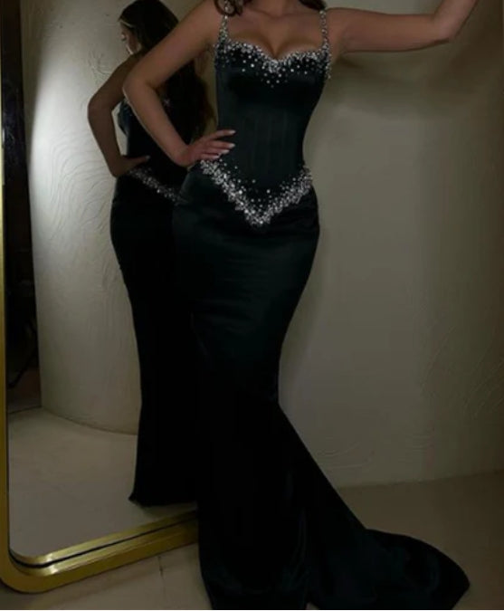 Luolandi Gorgeous Black Straps Mermaid Beading Long Prom Dress Sexy Evening Dress