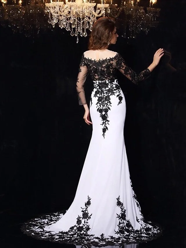 Luolandi Wedding Dresses Bateau Neck Lace Tulle Lace Over Satin Long Sleeve Sexy Black Illusion Sleeve