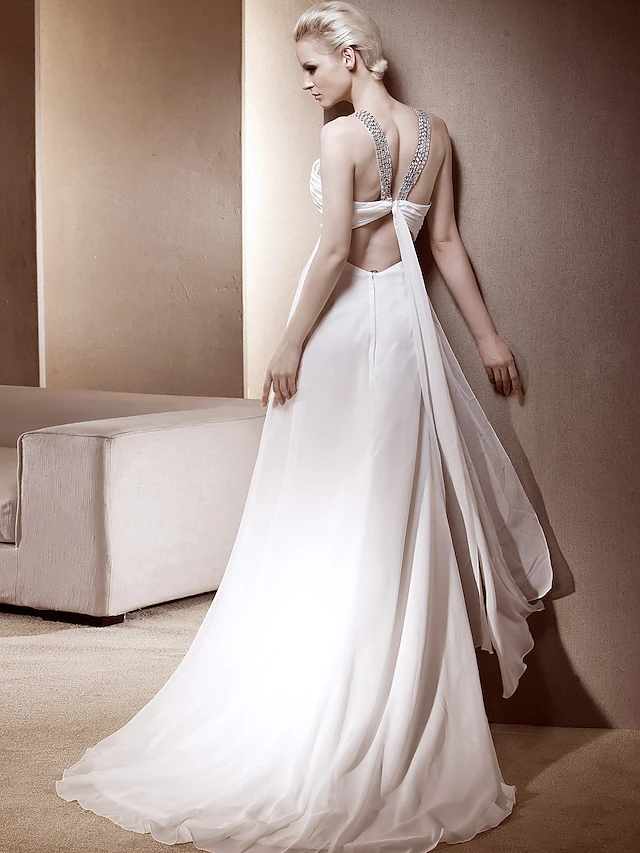 Luolandi Princess A-Line Wedding Dresses V Neck Court Train Chiffon Sleeveless Sparkle & Shine