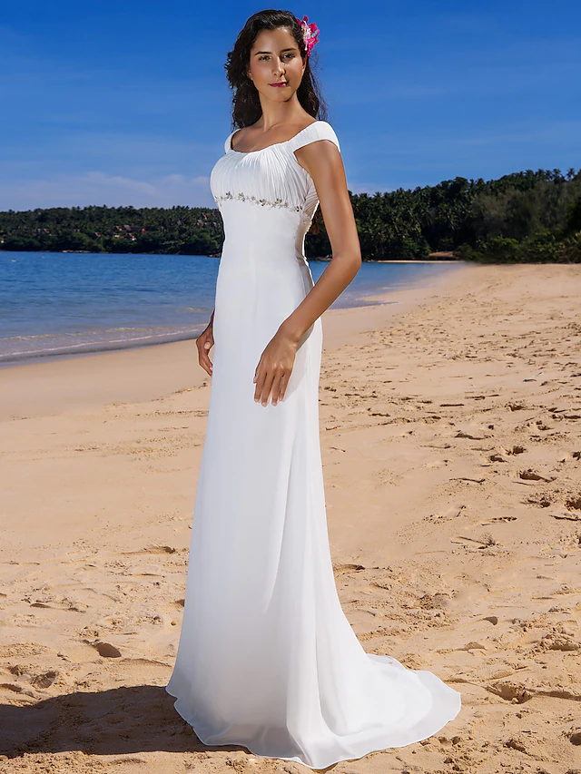 Luolandi Wedding Dresses Scoop Neck Chiffon Cap Sleeve Beach Plus Size with Beading Draping