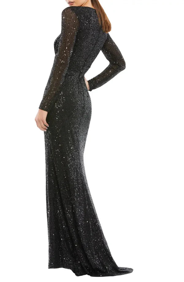 Luolandi Elegant V-neck sequin long sleeved and floor length front slit evening dress Sparkly