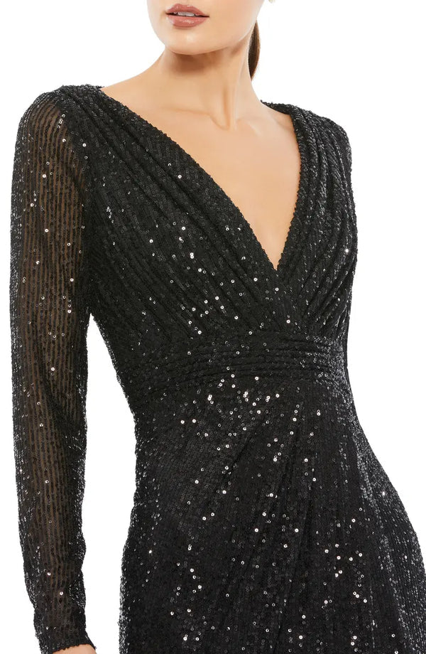 Luolandi Elegant V-neck sequin long sleeved and floor length front slit evening dress Sparkly