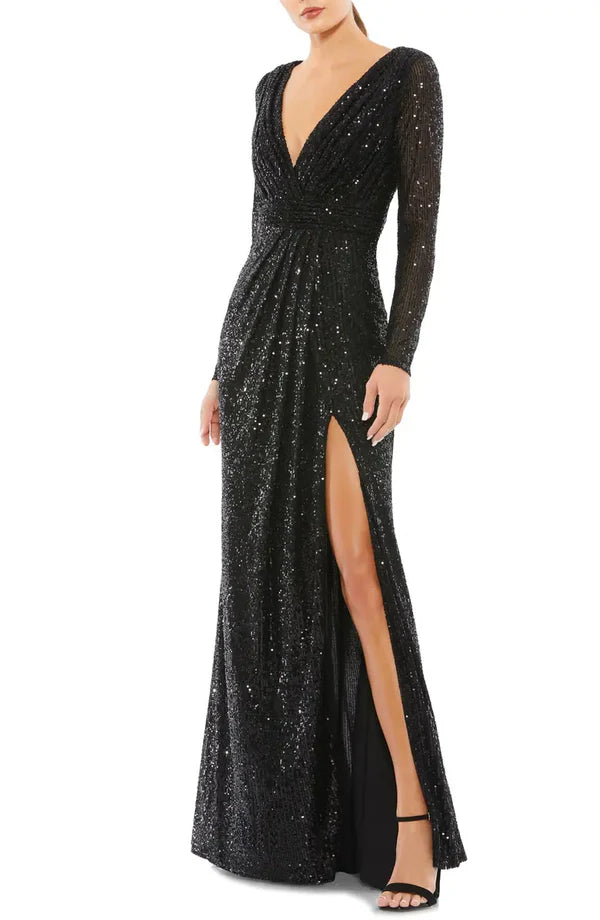 Luolandi Elegant V-neck sequin long sleeved and floor length front slit evening dress Sparkly