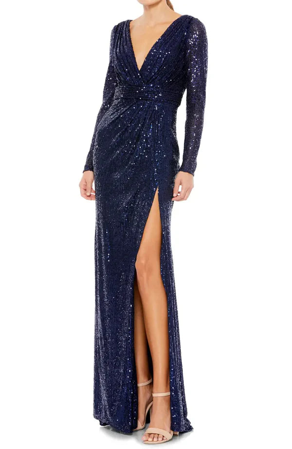 Luolandi Elegant V-neck sequin long sleeved and floor length front slit evening dress Sparkly