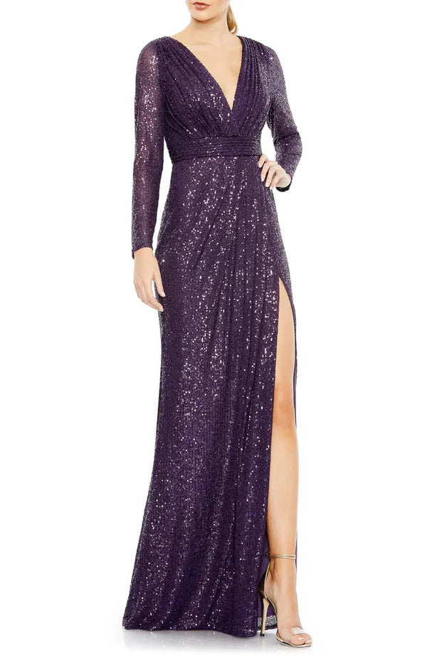 Luolandi Elegant V-neck sequin long sleeved and floor length front slit evening dress Sparkly