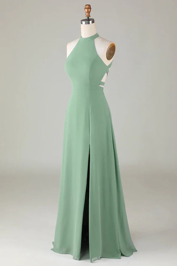 Luolandi A-shaped backless matcha front slit bridesmaid dress Solid Color