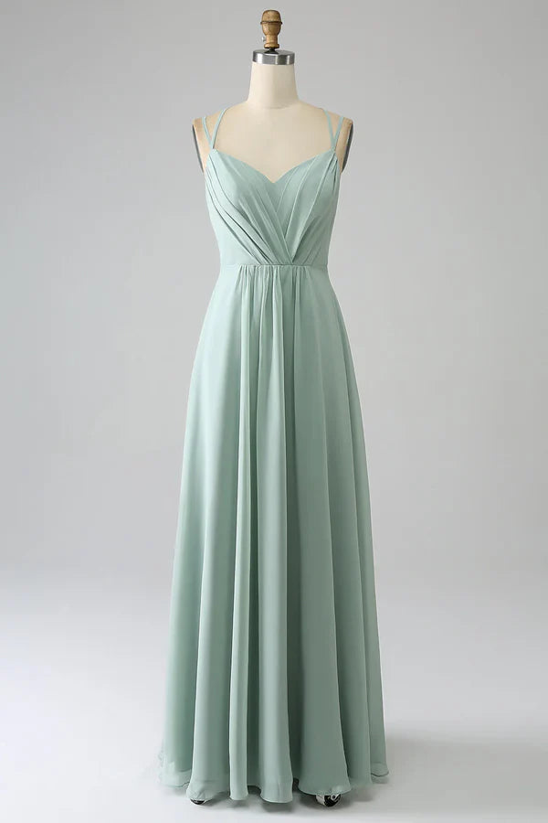 Luolandi Matcha A-line thin shoulder strap backless pleated long bridesmaid dress Solid Color