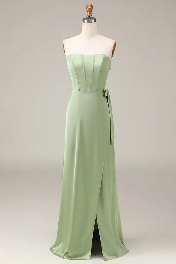 Luolandi Matcha strapless tight fitting corset with A-line slit satin bridesmaid dress Solid Color
