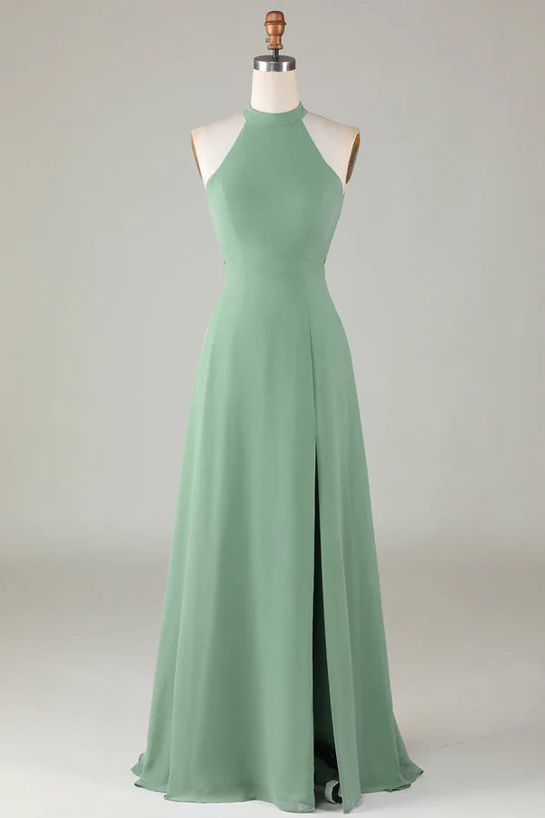 Luolandi A-shaped backless matcha front slit bridesmaid dress Solid Color
