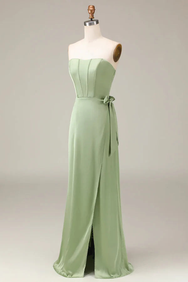 Luolandi Matcha strapless tight fitting corset with A-line slit satin bridesmaid dress Solid Color