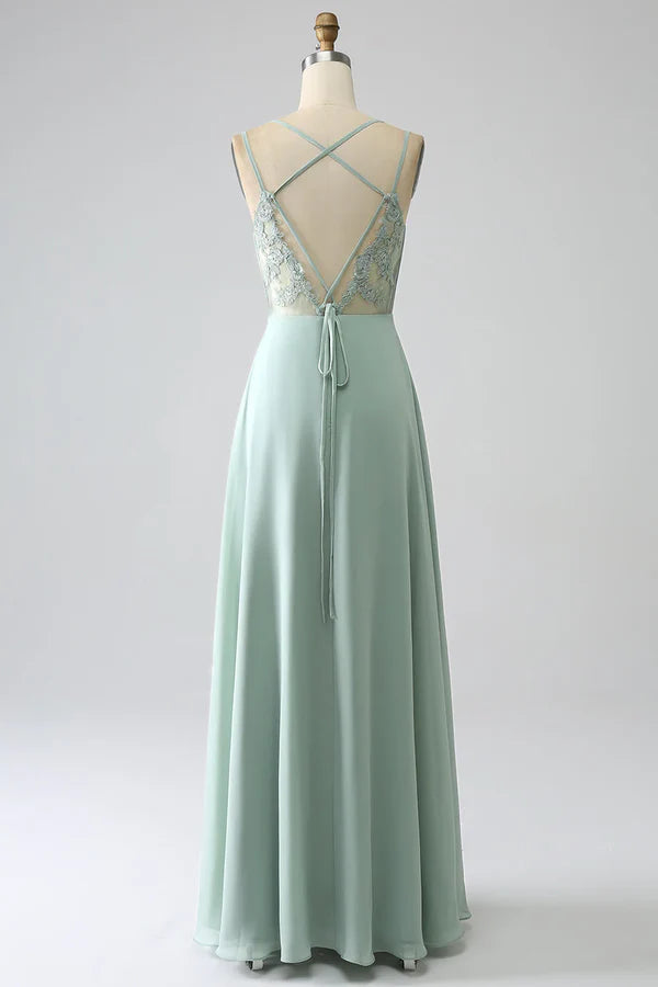Luolandi Matcha A-line thin shoulder strap backless pleated long bridesmaid dress Solid Color
