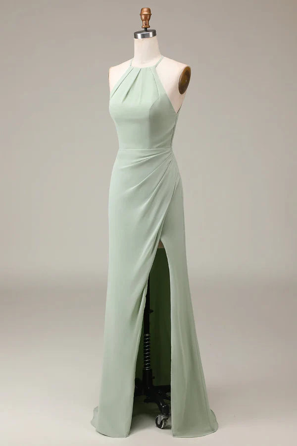 Luolandi Matcha hanging neck tight pleated slit bridesmaid dress Floor Length