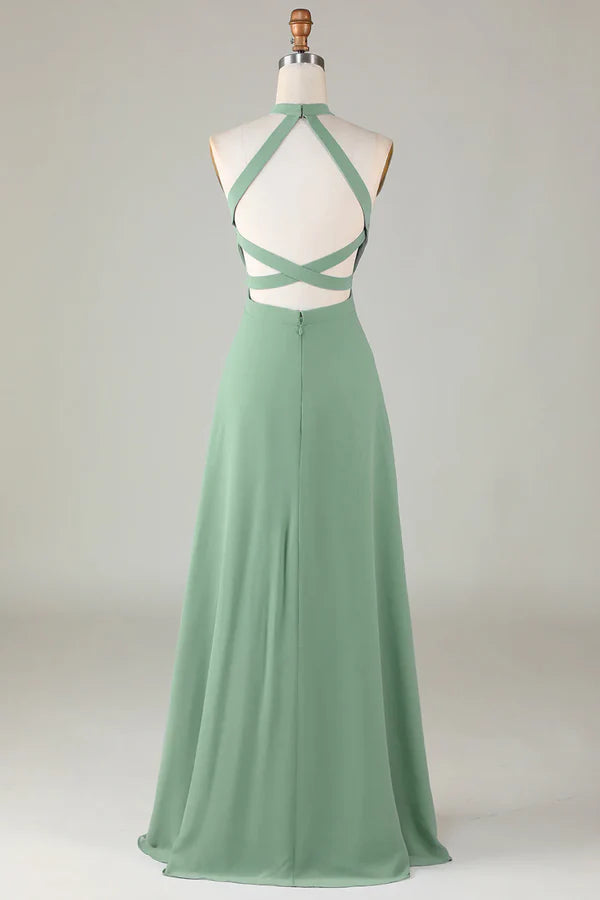 Luolandi A-shaped backless matcha front slit bridesmaid dress Solid Color