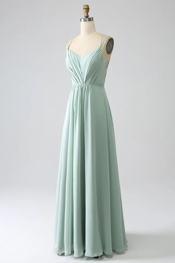 Luolandi Matcha A-line thin shoulder strap backless pleated long bridesmaid dress Solid Color