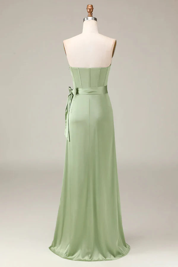 Luolandi Matcha strapless tight fitting corset with A-line slit satin bridesmaid dress Solid Color