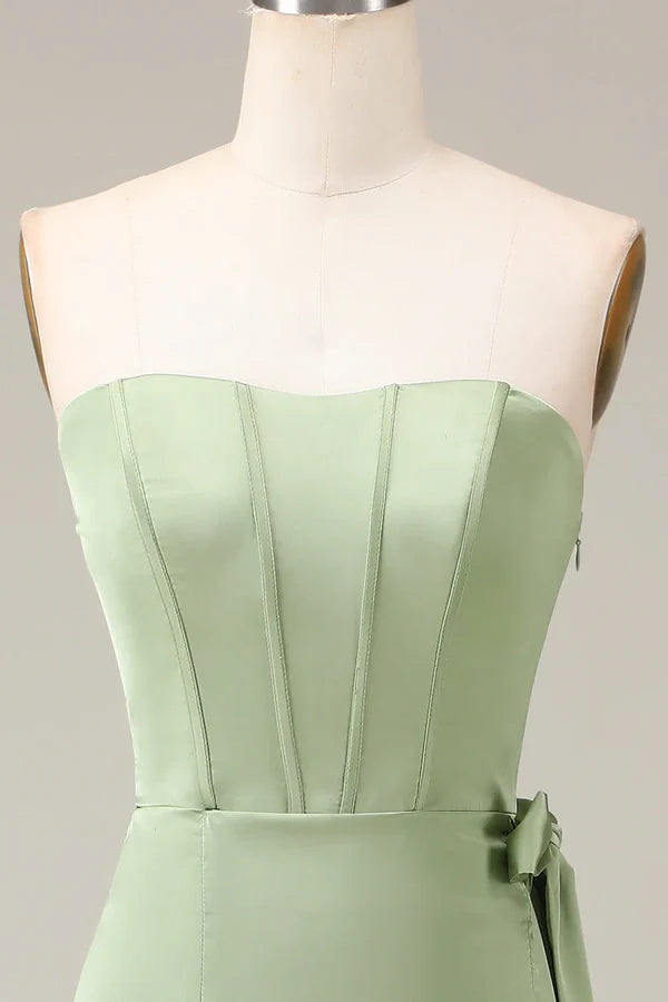 Luolandi Matcha strapless tight fitting corset with A-line slit satin bridesmaid dress Solid Color