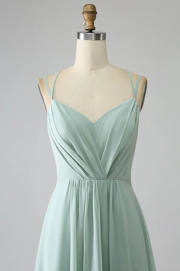 Luolandi Matcha A-line thin shoulder strap backless pleated long bridesmaid dress Solid Color