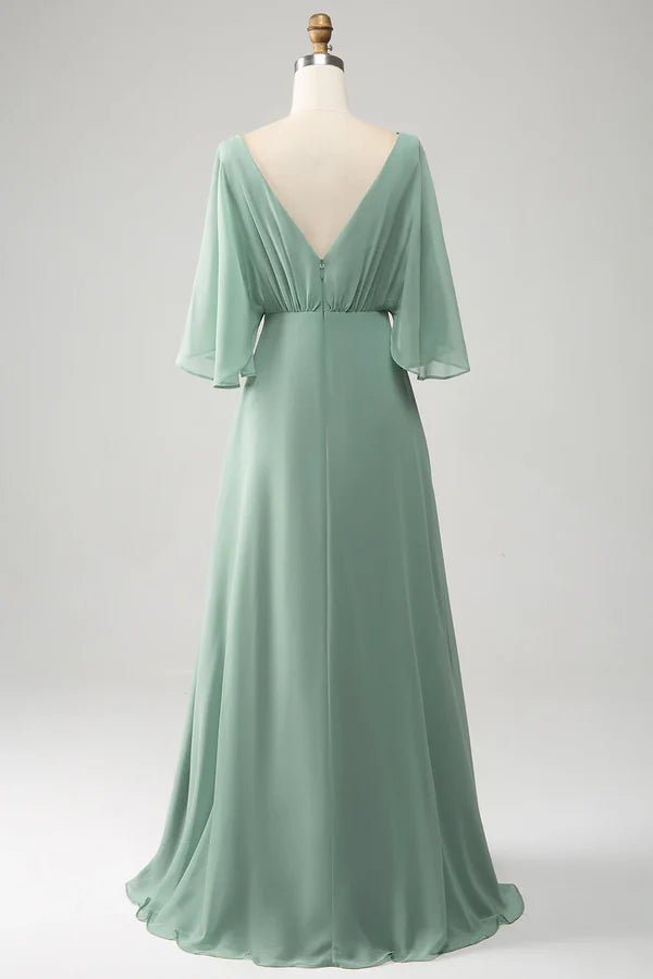 Luolandi Matcha Batwing Sleeves Long Chiffon Split Bridesmaid Dress Party Dress
