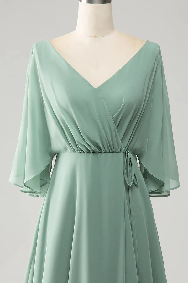 Luolandi Matcha Batwing Sleeves Long Chiffon Split Bridesmaid Dress Party Dress