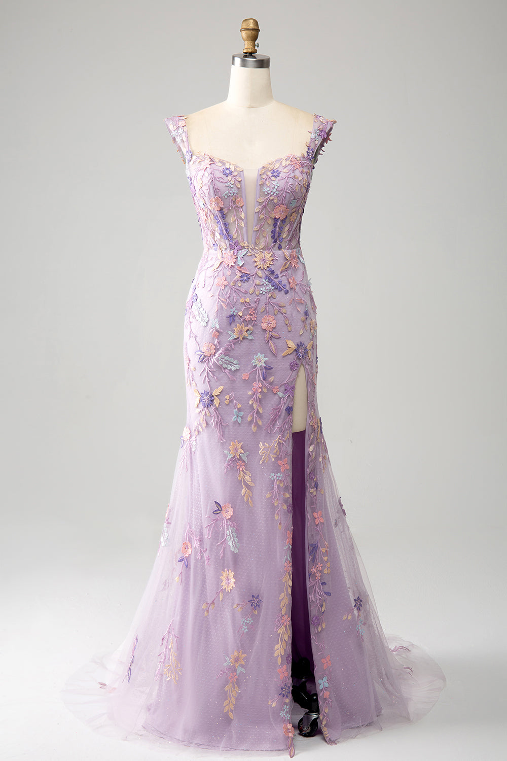 Luolandi Mauve Mermaid Square Neck Split Front Prom Dress With Appliques Floor Length With Flowers