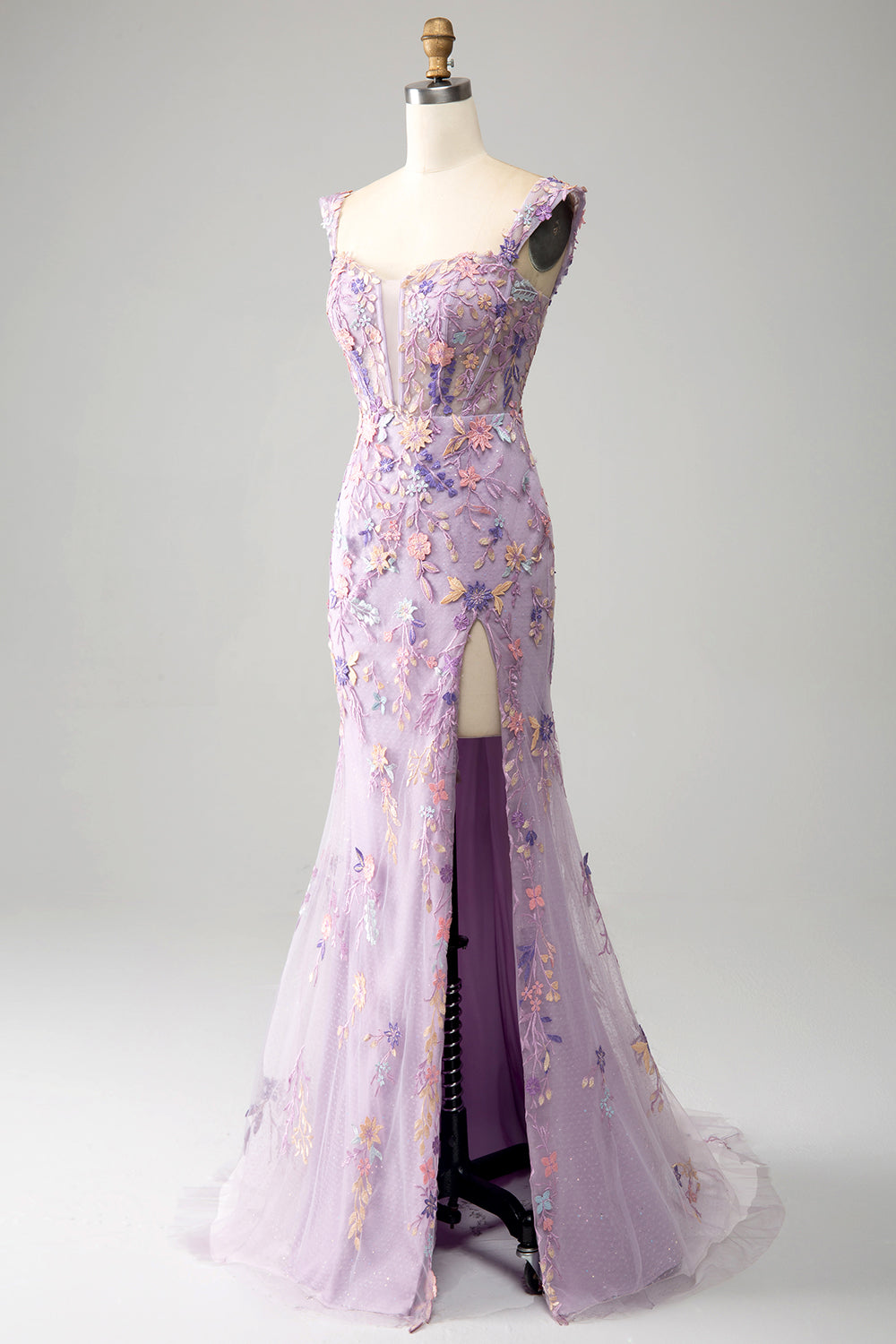 Luolandi Mauve Mermaid Square Neck Split Front Prom Dress With Appliques Floor Length With Flowers