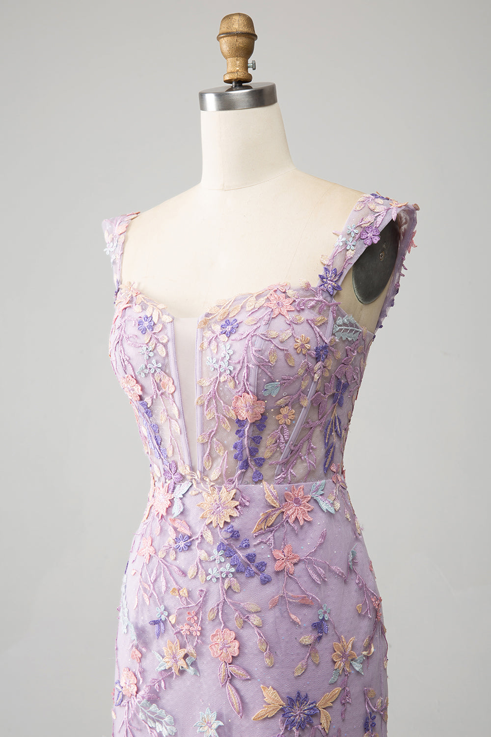 Luolandi Mauve Mermaid Square Neck Split Front Prom Dress With Appliques Floor Length With Flowers