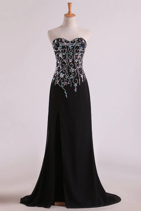 Luolandi Mermaid Beaded Bodice Chiffon With Slit Party Dresses Sweep Train Off Shoulder Evening Dress