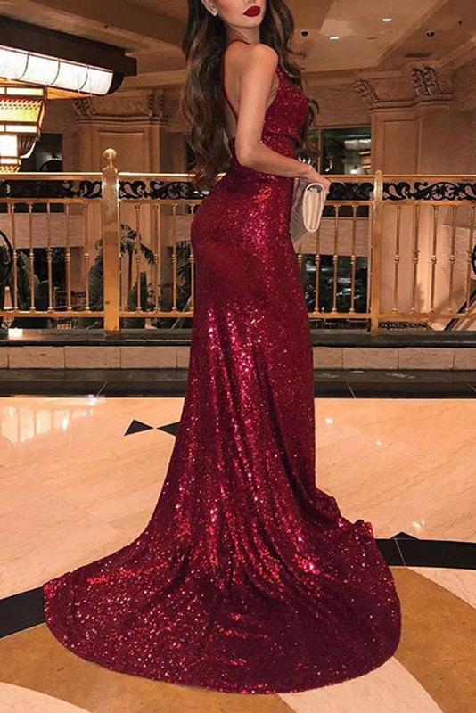 Luolandi Mermaid Burgundy Side Slit V Neck Spaghetti Straps Prom Dresses Formal Dresses Evening Dress