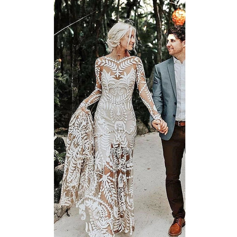 Luolandi Elegant Mermaid Long Sleeves Lace Beach Wedding Dress For Women Beautiful Bridal Gowns