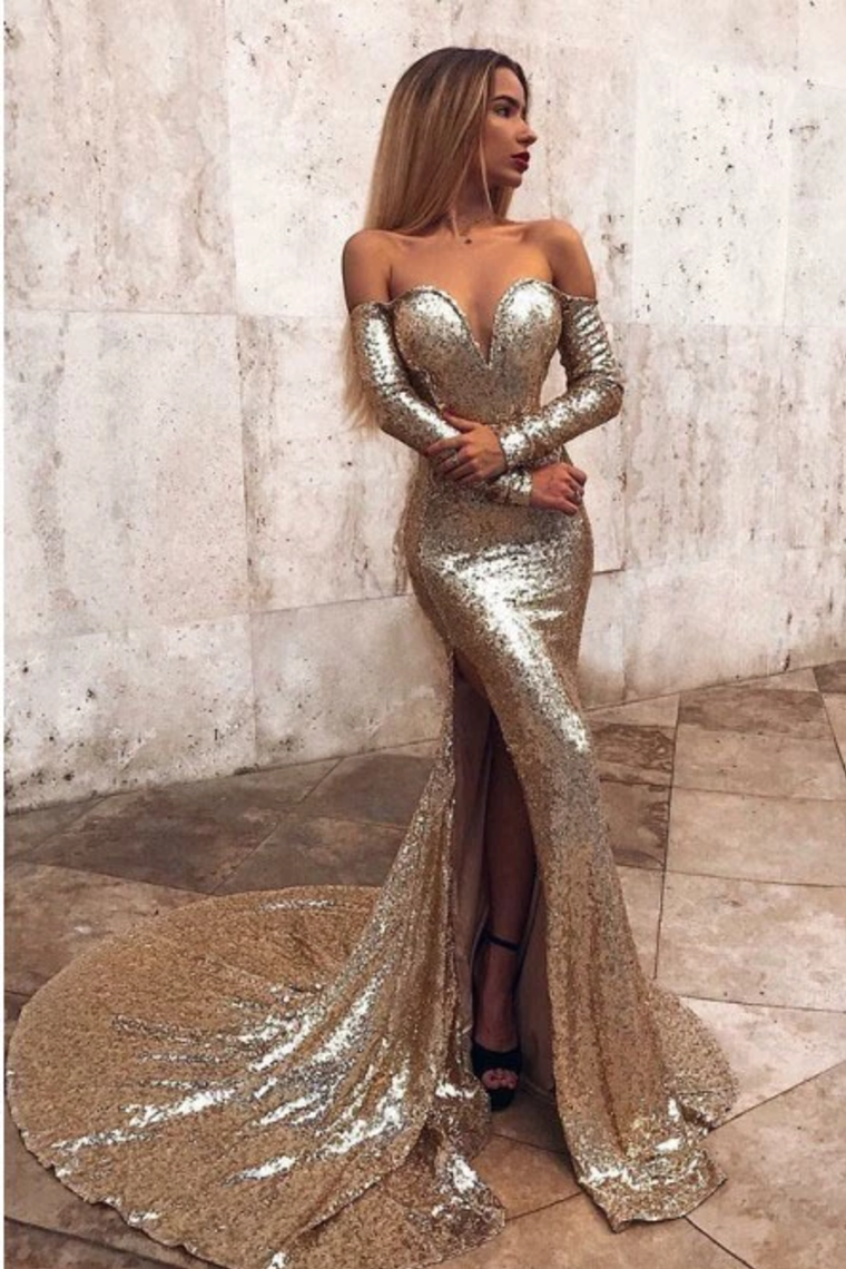 Luolandi Mermaid Long Split Prom Dress Gold Sequined Evening Dress With Sleeves Sparkly
