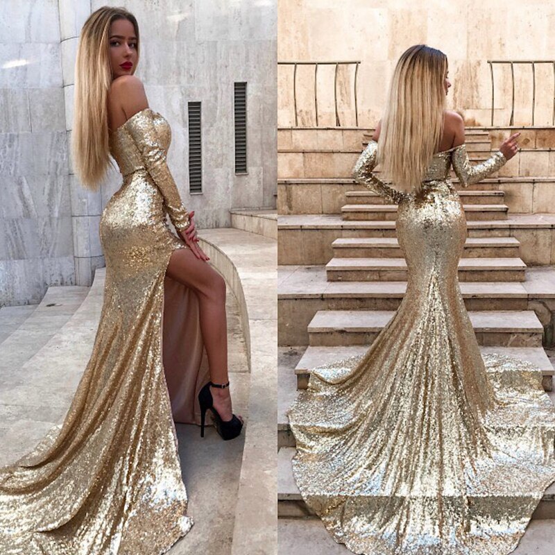 Luolandi Mermaid Long Split Prom Dress Gold Sequined Evening Dress With Sleeves Sparkly