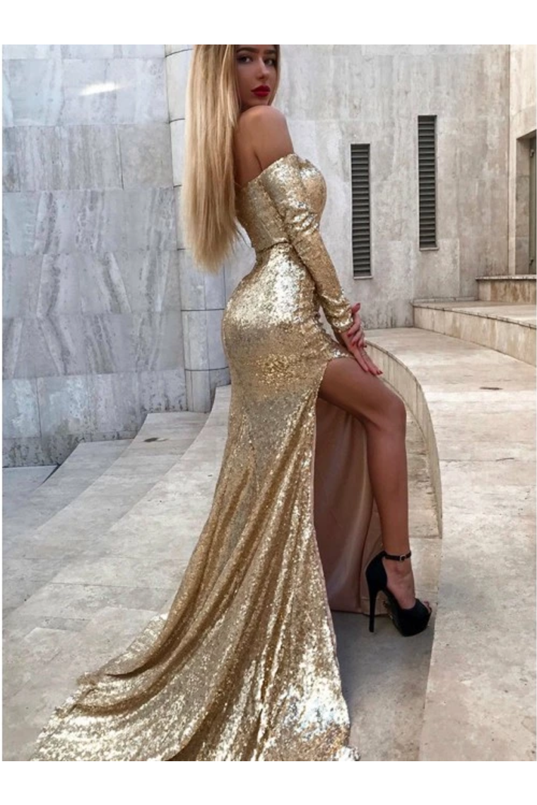 Luolandi Mermaid Long Split Prom Dress Gold Sequined Evening Dress With Sleeves Sparkly