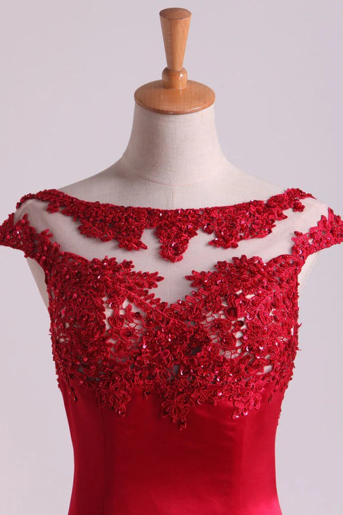 Luolandi Mermaid Party Dresses Scoop Satin & Tulle Burgundy/Maroon With Beading Sweep Train Evening Dress