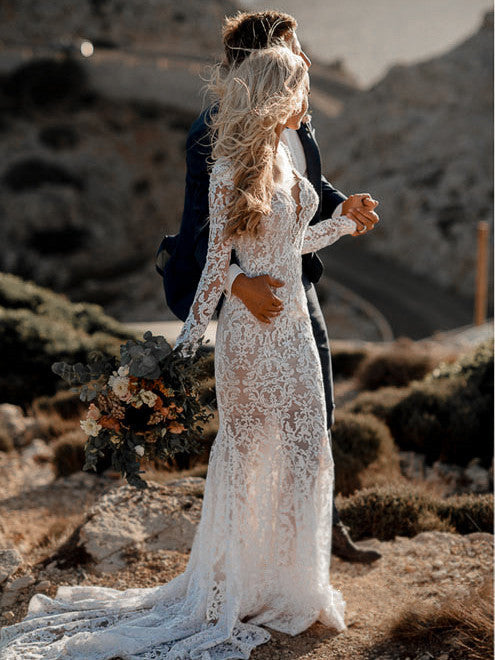 Luolandi Chic Lace V Neck Long Sleeve Mermaid Rustic Backless Wedding Dresses Sexy