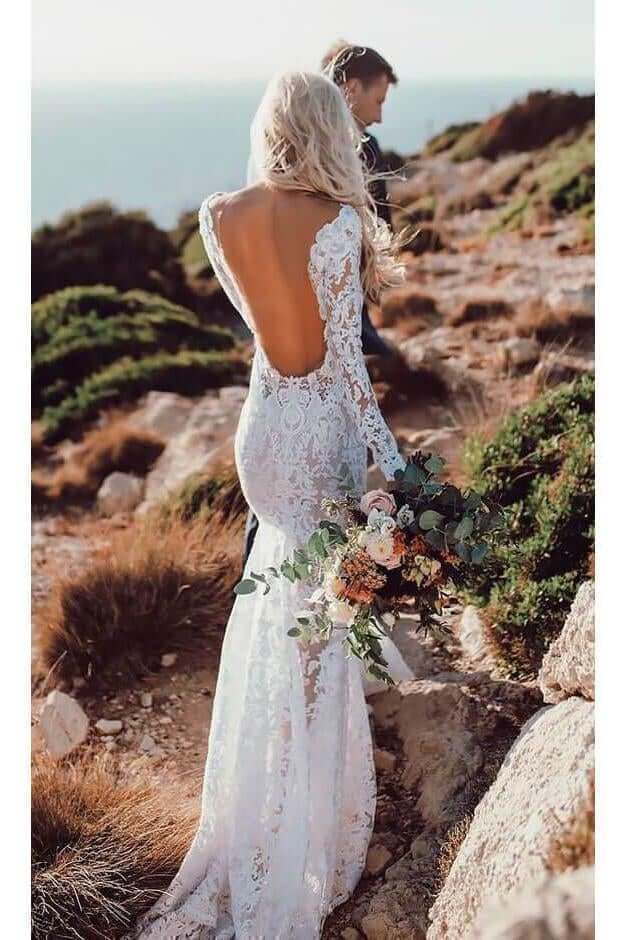 Luolandi Chic Lace V Neck Long Sleeve Mermaid Rustic Backless Wedding Dresses Sexy