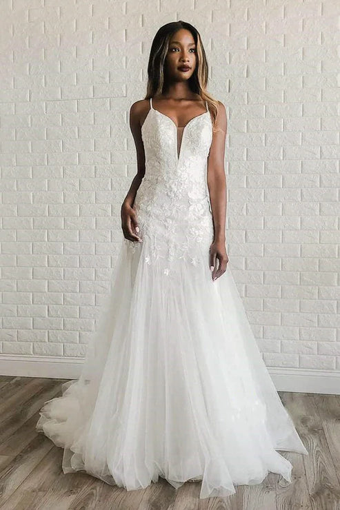 Luolandi A-Line Tulle Spaghetti Straps Wedding Dress with Appliques Beautiful